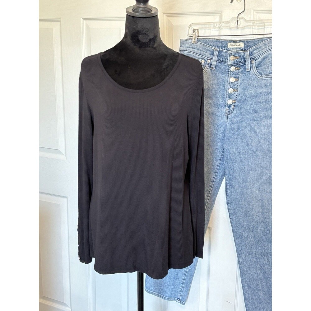 Michael Michael Kors Black Ribbed Knit Bell Sleeve Top Silver Button Cuff Large